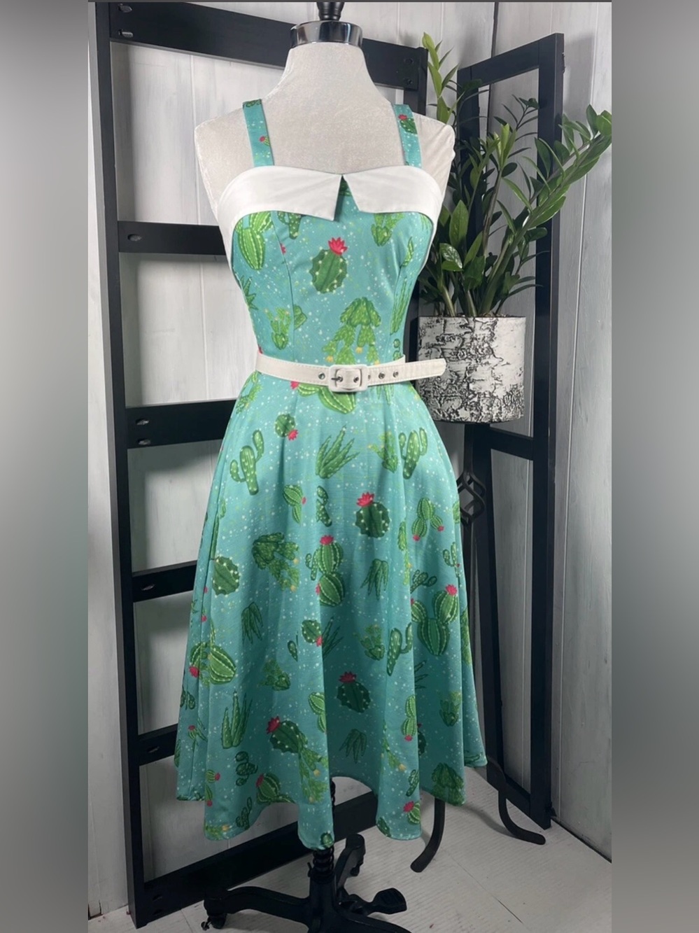 BNWT Unique Vintage Pinup Aqua Cactus Print Sundress $120